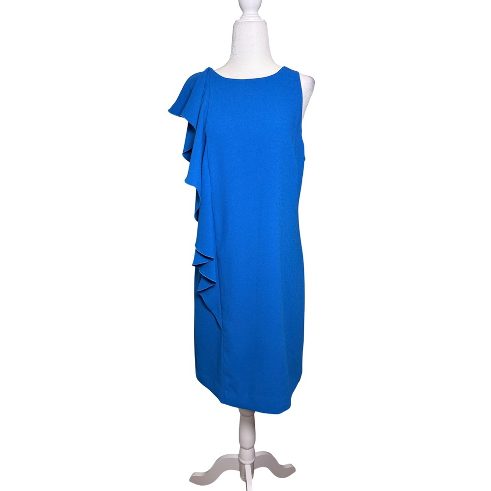 Trina Turk Blue Cascading Ruffle Sheath Dress Gold Zip Cocktail